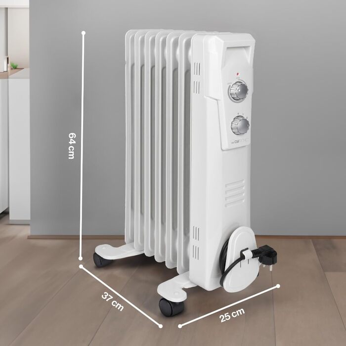 Масляний радіатор Clatronic RA 3735, електричний обігрівач Slimline на 1500 Вт, 7 секцій, 3 рівні потужності, для приміщень до 30 м²
