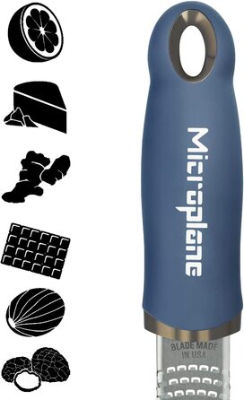 Терка Microplane для цитрусових, пармезану, імбиру, шоколаду та мускатного горіха, з дрібною лезом із нержавіючої сталі, синя, вироблено у США, 325×35×30 мм