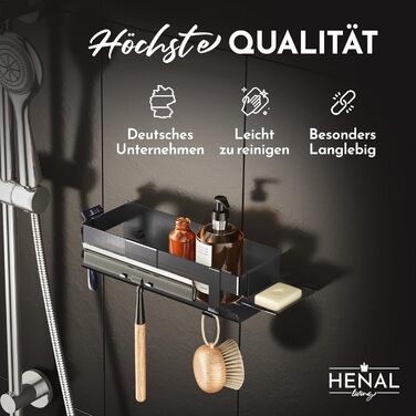 Набір для зберігання в душі Henal 5 в 1: поличка, тримач для бритви, скребок для скла, мильниця та гачки. Організатор для ванної кімнати XXL, не потребує свердління, з нержавіючої сталі, матовий чорний