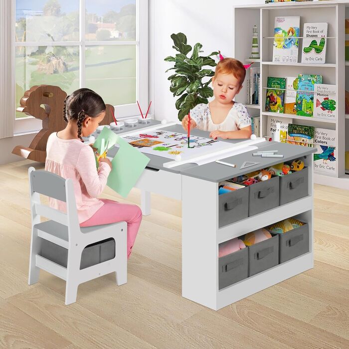 Дитячий стіл Kinder-Kunsttisch-Set з 2 стільцями: дерев'яний активний стіл для малюків з регульованою стільницею, відрами для фарб та 8 тканинними ящиками для зберігання (сірий/білий)