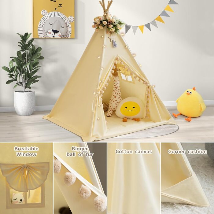 Дитяче намет Tipi з м'якою матрацом, бавовна, канвас. Намет Tipi для дітей, ігровий намет для дівчаток та хлопчиків з зірками та ліхтариками, сумка, прапор (білий, кремовий)