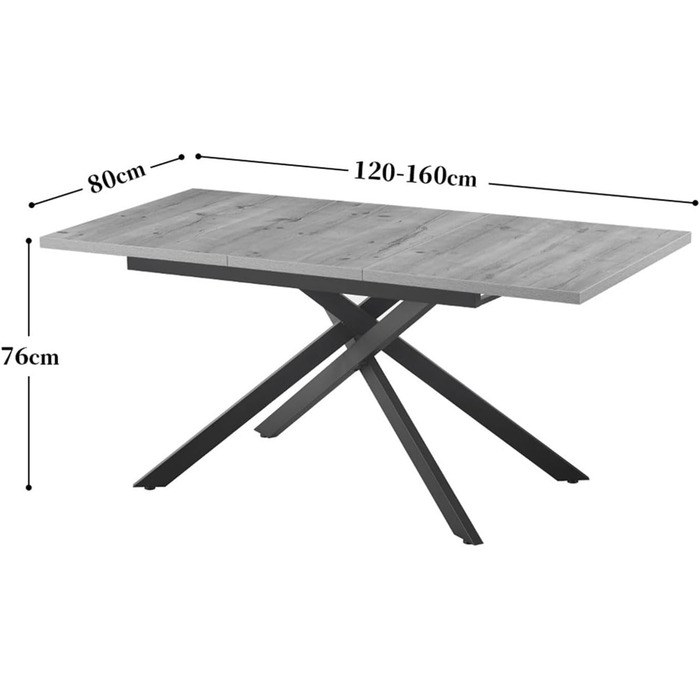 Розсувний обідній стіл LARS B&D Home, 120-160 x 80 см, для 4-6 осіб. Кухонний стіл з дерева, чорний, Industrial modern, Texas-Eiche, 11202-XS-EITE (Marmor-schwarz/Schwarz)