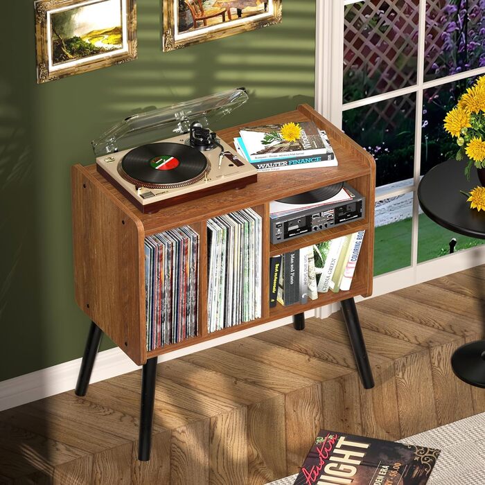 Стіл для програвача, стійка для програвача в стилі середини століття з місцем для зберігання вінілу (до 150+ платівок), шафа для вінілових платівок з регульованими полицями, дуб