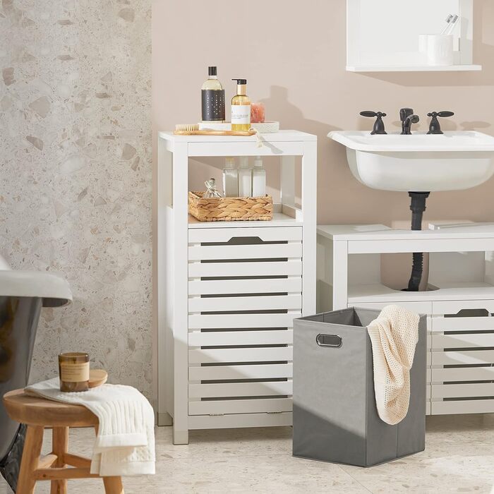 Шафа для білизни SoBuy BZR67-W з висувним мішком, білий, 42x90x30 см – кошик для прання, органайзер для ванної