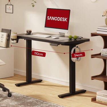 Регульований по висоті письмовий стіл SANODESK (110×54 см, чорний) з цільною стільницею, полицею та кабелем-менеджментом, витримує до 100 кг