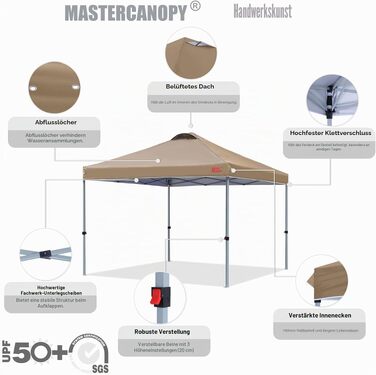 Тент шатер MasterCanopy Pop-up 3x3 м, швидкозбірний, з регулюванням висоти, UPF50+, водостійкий, з сумкою та пісочниками для кемпінгу, заходів, саду