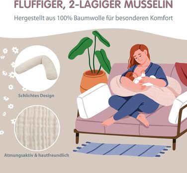 Подушка для вагітних та годування Theraline Dodo Pillow Premium 180 см, мусліновий чохол (100% бавовна), бежева