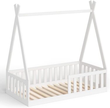 Дитяче підлогове ліжко Tajo Tipi 70x140 см, будиночок-вігвам з масиву сосни з бортиком і рейковим основою, натуральне, для дітей від 3 років