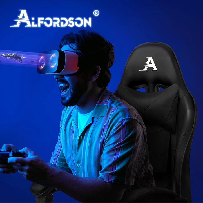 Ігровий крісло ALFORDSON Gamer з регульованою підніжкою, 8 точками масажу, нахилом 150°, PU-шкіра, чорний, Eryx Series, до 180 кг