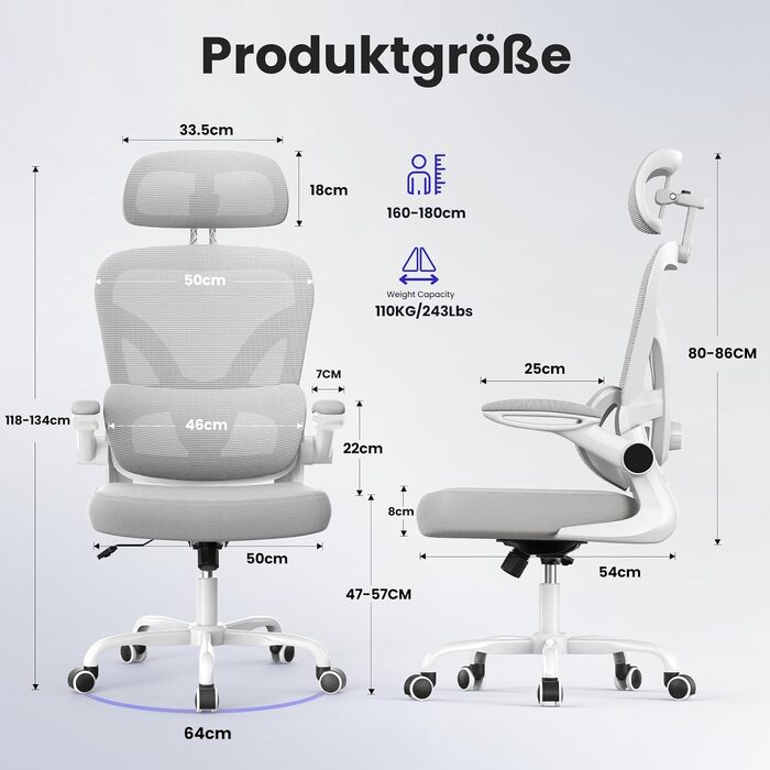 Офісний стілець Naspaluro з ергономічною підтримкою попереку, 3D-підголівником, відкидними підлокітниками та дихаючою сітчастою оббивкою, поворотний 360°, сірий - для дому та офісу