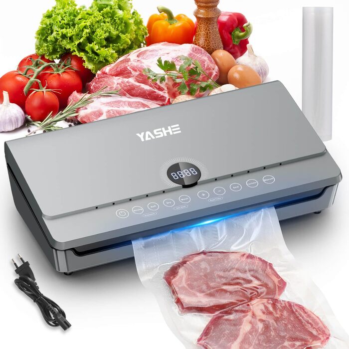 Вакууматор YASHE 80KPA з магнітною кришкою, 10-в-1 вакуумний пакувальник для продуктів з подвійним швом, подвійним насосом та відсіком для рулонів, сірий