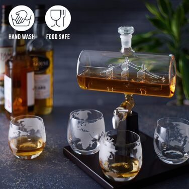 Декантер для віскі Oak & Steel у формі корабля 1000 мл з краном із нержавіючої сталі та 4 склянками – подарунковий набір для чоловіків на День народження, Валентина, День батька