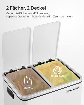 Сортувальний смітник для кухні SONGMICS, 2 x 15 л, сталевий, педальний, з двома відділеннями, для роздільного збору сміття, з м'яким закриванням, білий