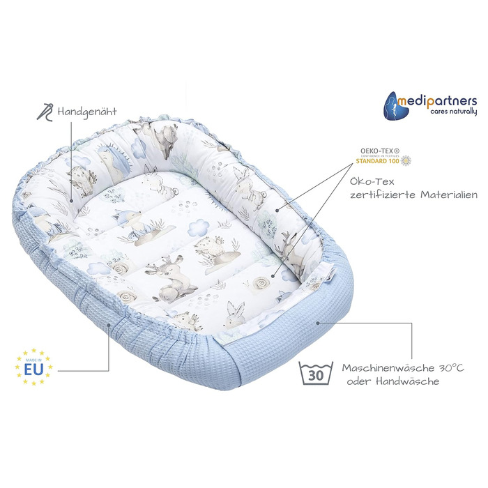 Дитяче гніздо-лежак Medi Partners з бавовни Waffle, 100x60x15 см, для немовлят, з принтом оленя та їжака, світло-блакитне, безпечний замок, переносне ліжечко