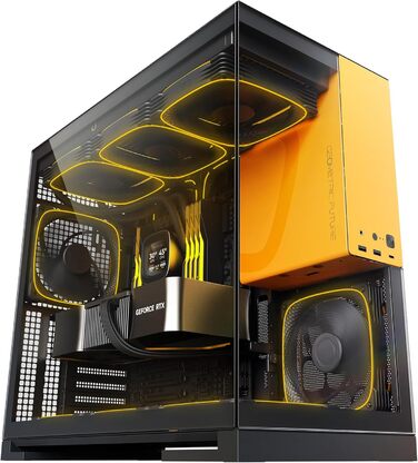 Корпус для ПК Geometric Future M5, загартоване скло, Mid Tower, E-ATX/ATX, 1.2мм сталь, ARGB вентилятори, Type-C, підтримка радіаторів 420/360 мм, чорний/жовтий