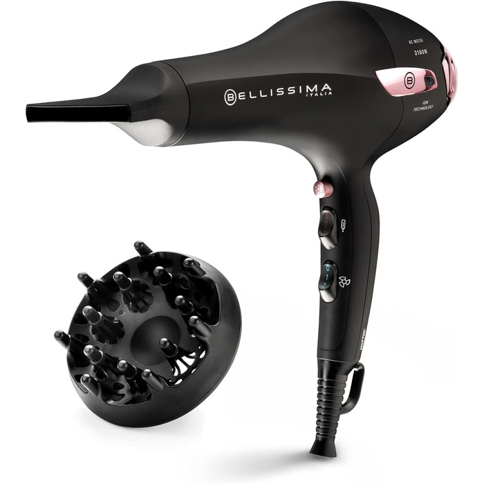 Фен Bellissima P7 3200 з іонізацією, 2100 Вт, професійний мотор, 2 швидкості, 3 температури, насадка-дифузор для локонів, холодне повітря, підсвічування, дорожній футляр, кабельний затискач