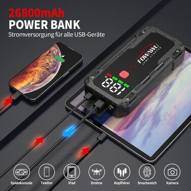 Бустер для автомобіля FOWAWU 7000A 26800mAh — Пусковий пристрій (Jump Starter) для бензинових двигунів до 12л та дизельних до 10л