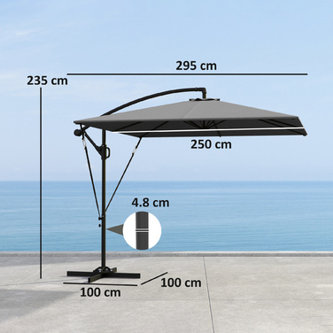 Парасолька Outsunny Centilever Ø260 см із захистом від ультрафіолету 50+ Водовідштовхувальна кривошипна парасолька з підставкою, чохлом, кривошипом, вітрозахисним склом, ринковою парасолькою Нахилена садова парасолька для балконного патіо сірого кольору