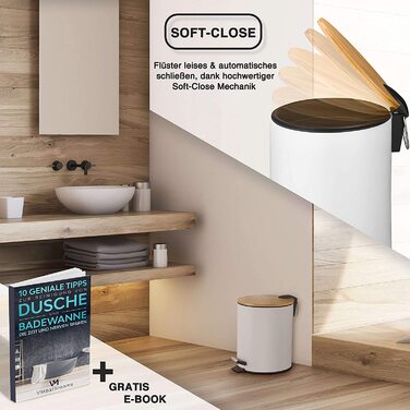 Косметичний відро для сміття VMbathrooms 5 л, білий, з бамбуковою кришкою, педаллю та Soft Close, для ванної кімнати