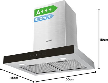 Витяжка кухонна COMFEE' CH60J72ET6A3B T-подібна 60 см, чорна, 650 м³/год, сенсорне керування та керування жестами, LED-підсвітка, клас A+++, режим рециркуляції та відведення