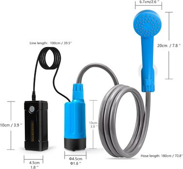 Портативний душ Koopsmate для кемпінгу з LED-підсвіткою, акумулятором, душовою насадкою та шлангом, синій, для походів, саду та миття авто, дві батареї