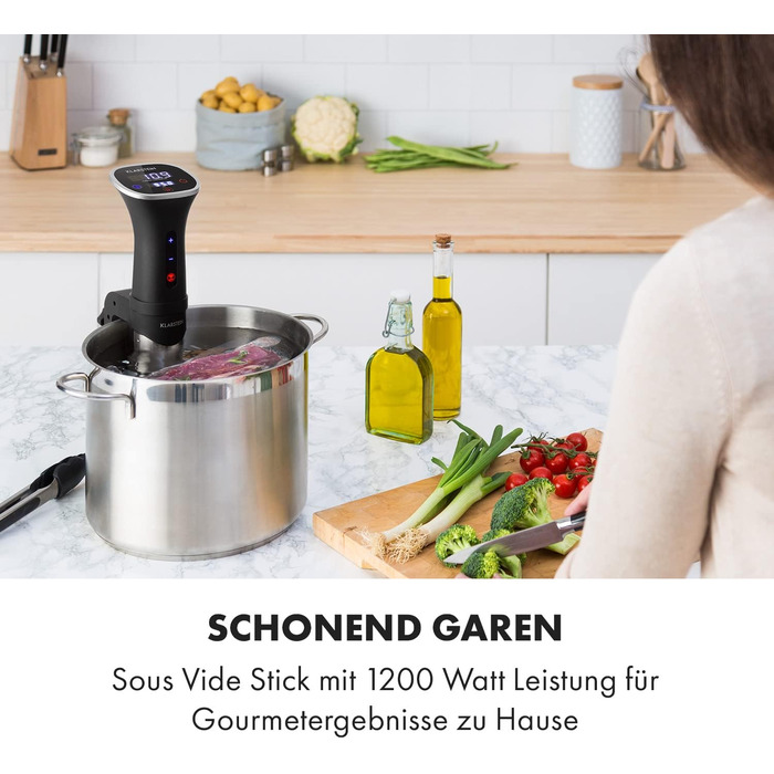 Klarstein Sous Vide Garer: Електричний су-від прилад, 1200W, 20-95°C, таймер, керування через додаток, сенсорний дисплей, 3D циркуляція, для посуду 10-15 літрів, нержавіюча сталь, чорний