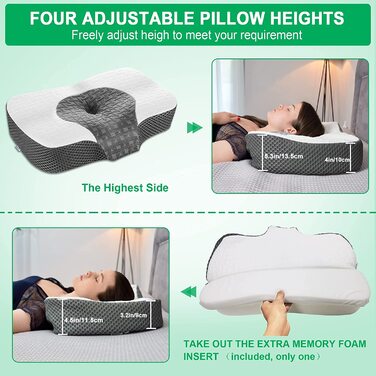 Ортопедична подушка Elviros з Memory Foam для сну, ергономічна, проти болю в шиї та хропіння, для бокового та шлункового сну, біла, 60x38.6x9.9/13.5 см