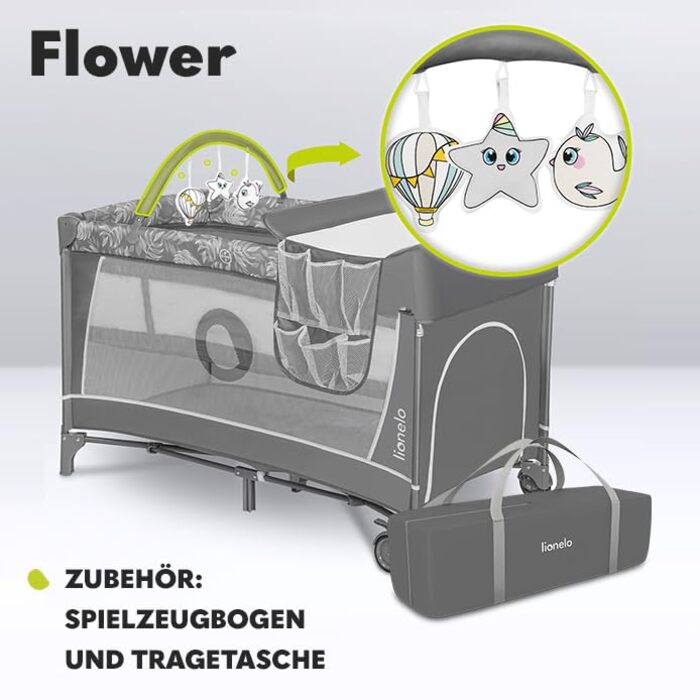 Дитяче ліжечко-манеж Lionelo Flower 4в1 з боковим входом, пеленатором, двома рівнями висоти, дугою з іграшками, колесами та сумкою