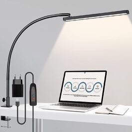 LED настільна лампа BIENSER з кліпсою, 14Вт, гнучкий шнур, 1100Лм, 5 кольорів, 10 рівнів яскравості, диміруєма, захист для очей, для офісу, чорна