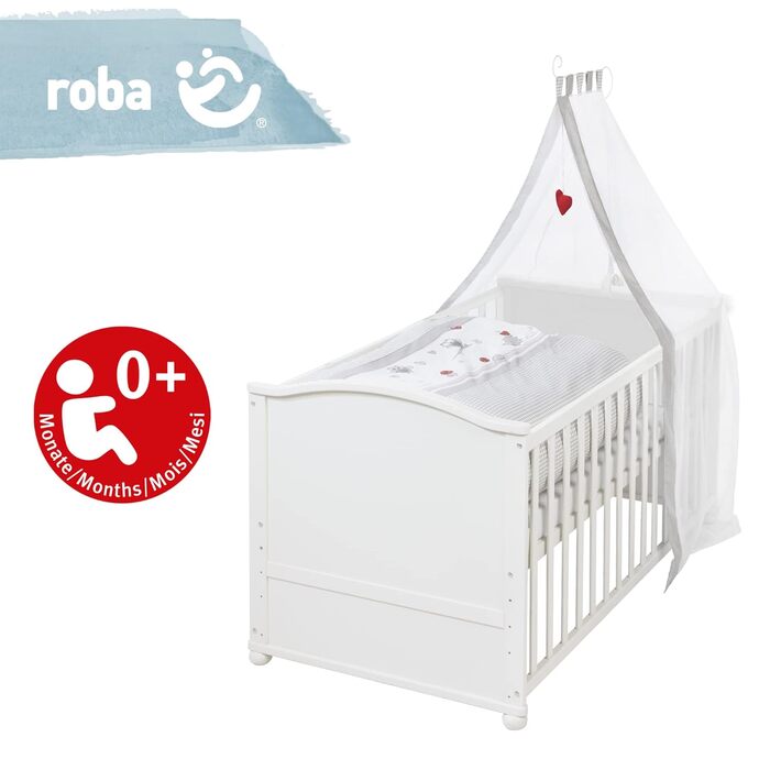 Дитяче ліжечко roba Adam & Eule 70x140 см, біле, комплект: матрац, постіль, балдахін, дерев'яне, регульоване, трансформується у підліткове