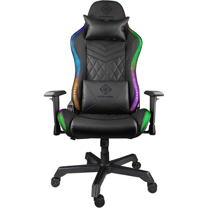 Ігрове крісло Deltaco Gaming DC410 з LED-підсвіткою, екошкіра, RGB освітлення, ергономічне, з подушками для попереку та шиї, чорне