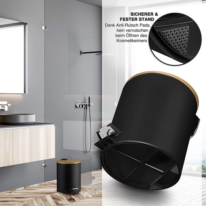 Косметичний відро для сміття VMbathrooms 5 л, чорне матове, з бамбуковою кришкою, педаллю та механізмом плавного закривання, для ванної кімнати