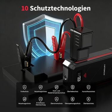 Бустер-пусковий пристрій Acmount P110 7000A Jump Starter для авто, SUV, мотоциклів та газонокосарок (бензин до 12л, дизель до 10л) з LED-ліхтарем, компасом та аварійним молотком, червоний