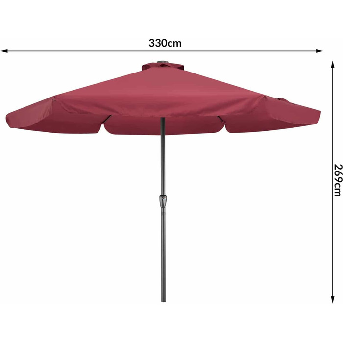 Садова парасолька Kingsleeve® з UV-захистом 80+, LED-підсвіткою та вентиляцією, водонепроникна, алюмінієва рама з рукояткою, 330 см (Червона)