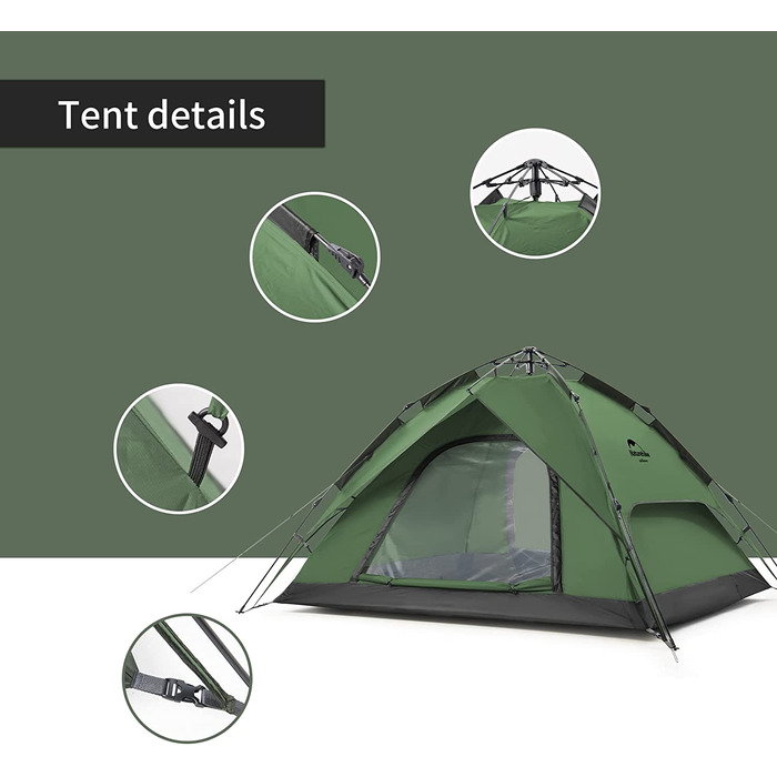 Намет Naturehike Pop Up автоматичний, купольний, двошаровий, для 3-4 осіб, сімейний, з великою місткістю та сумкою для перенесення, для кемпінгу