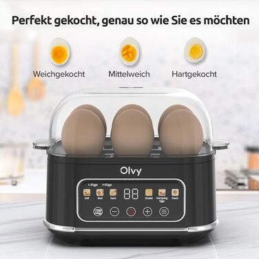 Електричний відварювач яєць Olvy з LCD-таймером на 6 яєць, чорний — пароварка для сніданків, що миється в посудомийній машині