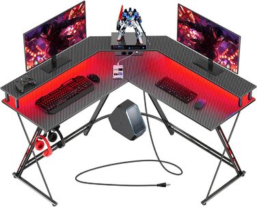 Ігровий стіл SEVEN WARRIOR з LED підсвіткою, розетками, полицею для монітора, 2 гачками, ергономічний кутовий стіл L-подібної форми (127см)