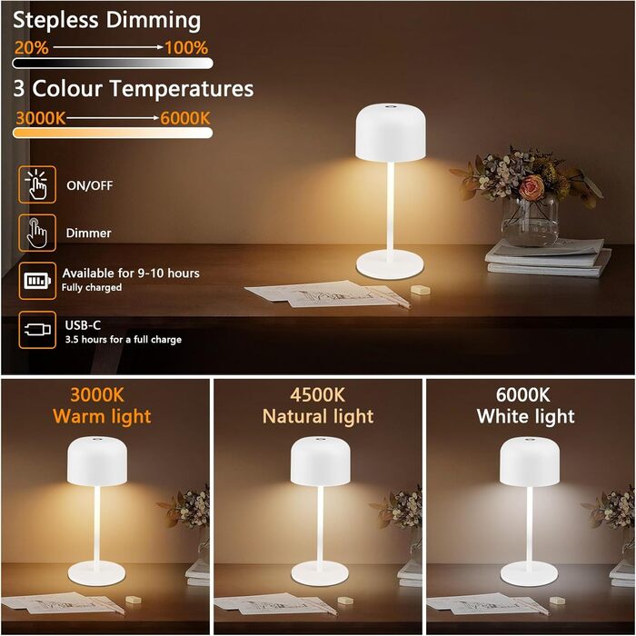 Klighten набір з 2 шт. бездротових LED настільних ламп, диміруємі, IP54, 3000-6000K, сенсорне керування, USB-C, для дому та вулиці, висота 21 см, білий колір