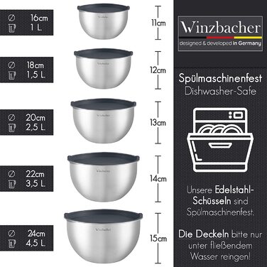 Набір мисок із нержавіючої сталі Winzbacher з кришками, 5 штук (1л, 1,5л, 2,5л, 3,5л, 4,5л), рифлені, для змішування та салатів, нековзкі, штабельовані, можна мити в посудомийній машині, з теркою