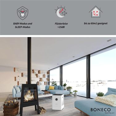 Зволожувач повітря BONECO W400 знімний бак 12 л, для кімнат до 60 м², дуже тихий 25 дБ, режими SLEEP і BABY, керування через додаток, мийка повітря, білий
