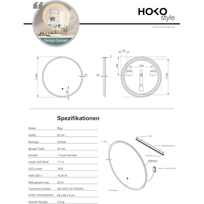 Дзеркало для ванної кімнати HOKO Design Riga, кругле, 60 см, з металевим каркасом Gold. LED-підсвічування, сенсорне керування, зміна кольору світла (тепле, холодне, нейтральне). 60 x 60 см