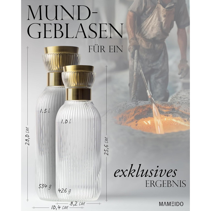Скляний глечик для води MAMEIDO з носиком та ситом, 1 л, рифлене кришталеве скло, Smoke Gold