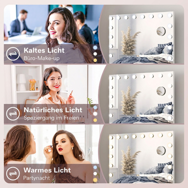 Дзеркало Hollywood з 18 LED-лампами для макіяжу, 80x60 см, косметичне дзеркало з 3 кольорами світла та регулюванням яскравості