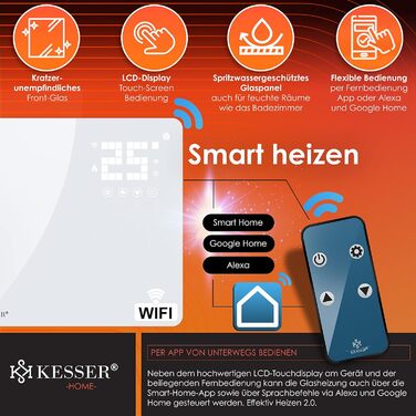 Скляний конвектор KESSER електрообігрівач 2500 Вт з WiFi, керуванням через APP та пультом, сенсорним дисплеєм та таймером, білий