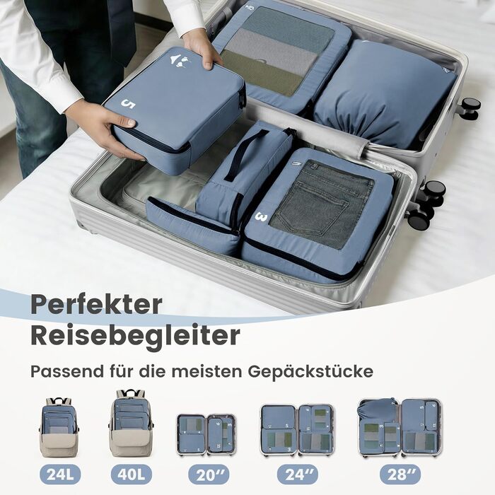 Набір органайзерів для валізи та рюкзака Packing Cubes, 8 предметів, синій — дорожній набір для пакування речей