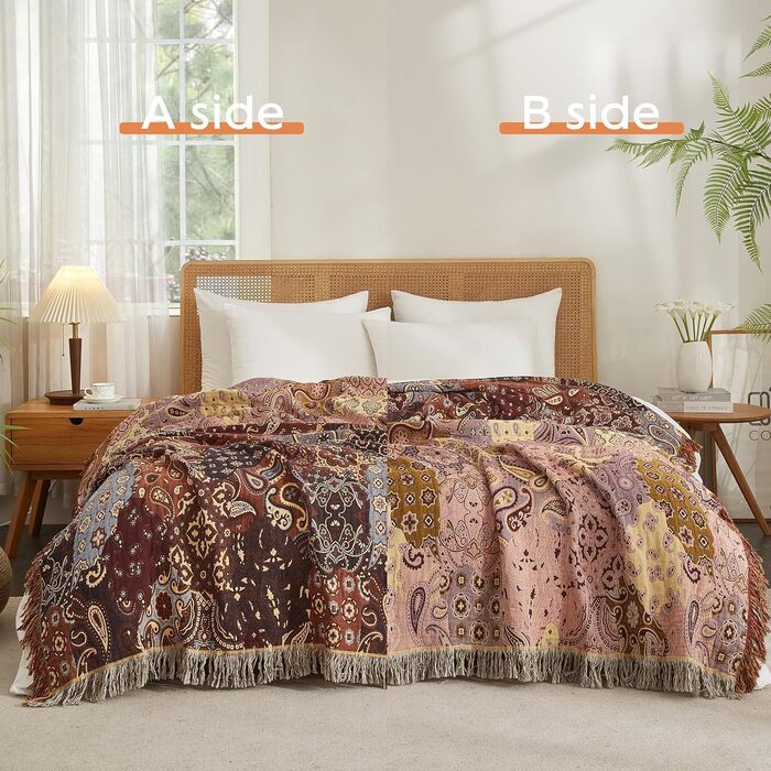 Богемна ковдра Softexly Boho Decke 100% бавовна, двостороння муслінова ковдра 150x200 см, м'яка диванна ковдра та покривало для ліжка, естетичний дизайн, ідеальна для вітальні та спальні, помаранчево-зелена (230 x 250 см, візерунок Пайслі)