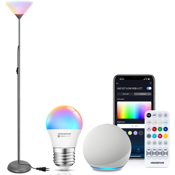 LED торшер Aigostar для вітальні та спальні, з Bluetooth Mesh G45 E27 6.5W лампою, димером, RGB та 2700K-6500K, з пультом, сумісний з Alexa