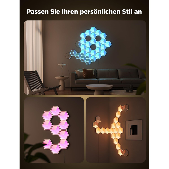 Світильник Govee Glide Hexagon Light Ultra, 3D RGBIC, Wi-Fi, 129 LED, сумісний з Alexa, 60 режимів, для геймерської кімнати, стіни, декору, 10 панелей, білий