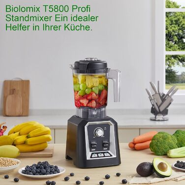 Потужний блендер BioloMix 2200Вт з функцією самоочищення, вбудованим таймером і безпечним 2-літровим BPA-free контейнером, стаціонарний міксер для смузі (T5800)