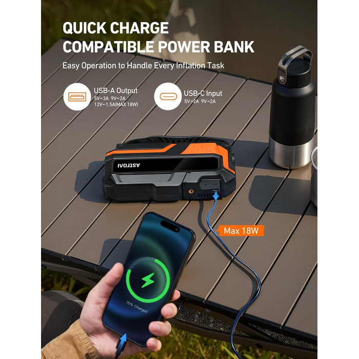AstroAI MF16 Powerbank для запуску авто з компресором 150 PSI, 6000A, для 12V авто, мотоциклів, SUV, з LED-дисплеєм, помаранчевий